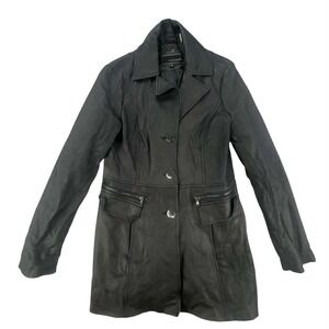 Wilsons Leather Trench Coat Womens Medium Black Genuine Leather Vintage EUC‎